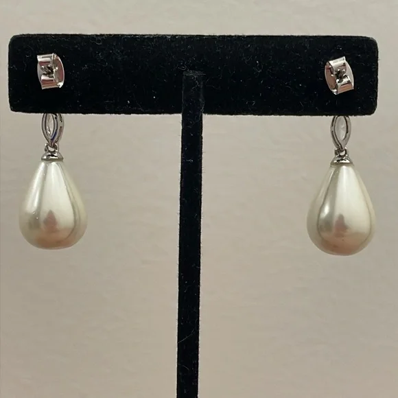 Faux Pearl and Cubic Zirconia Silver Tone Drop Earrings - Picture 5 of 10